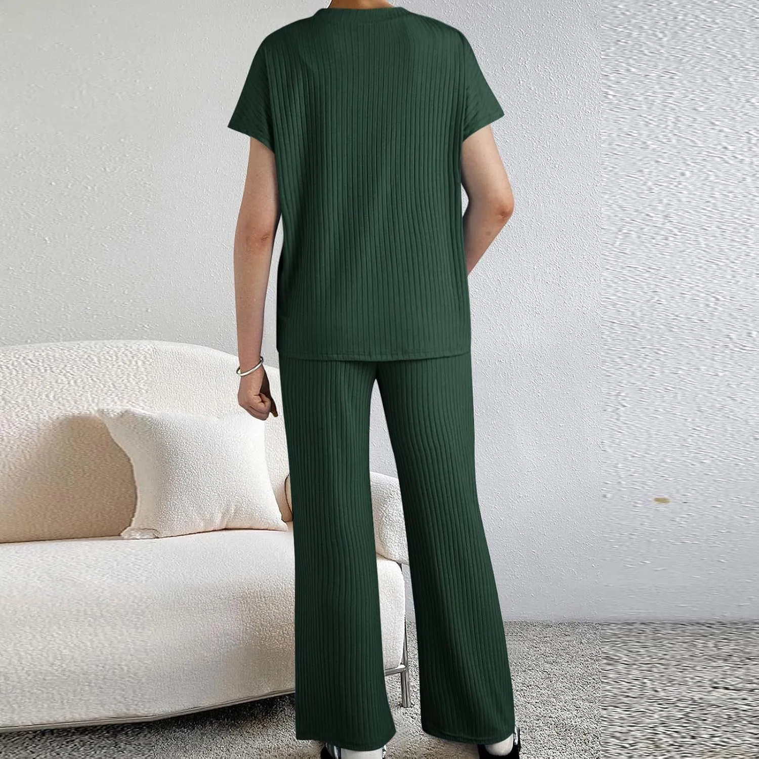Lounge Sets for Women Short Sleeve V Neck Ribbed Knit Tops and Long Pants Soft Comfy Pajamas Set 2 Piece Outfits
