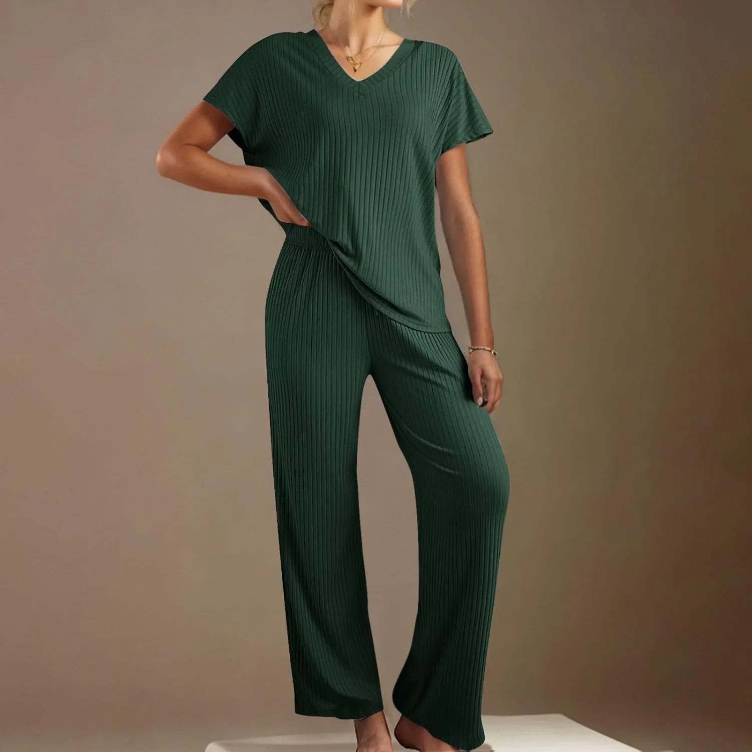 Lounge Sets for Women Short Sleeve V Neck Ribbed Knit Tops and Long Pants Soft Comfy Pajamas Set 2 Piece Outfits