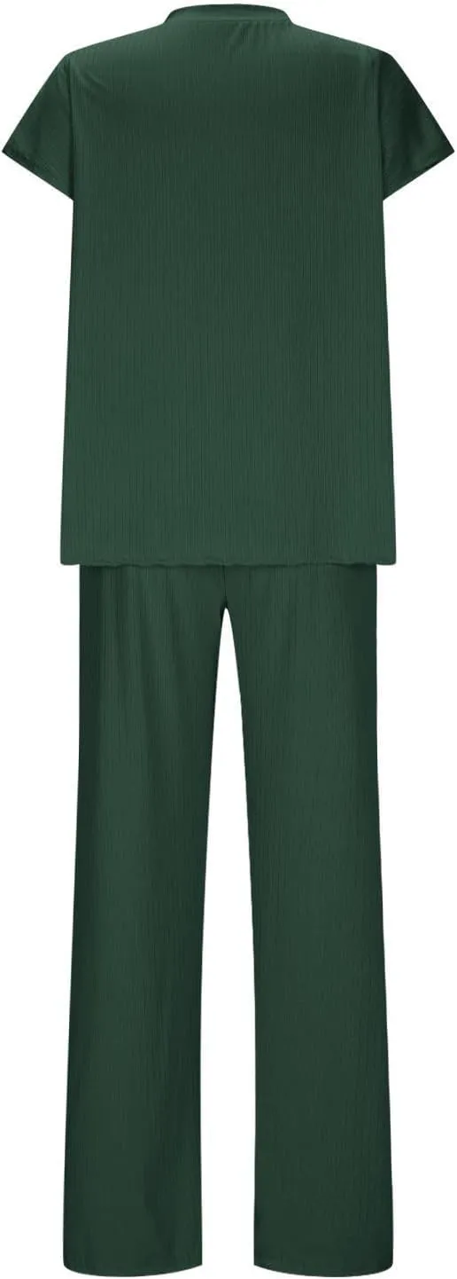 Lounge Sets for Women Short Sleeve V Neck Ribbed Knit Tops and Long Pants Soft Comfy Pajamas Set 2 Piece Outfits