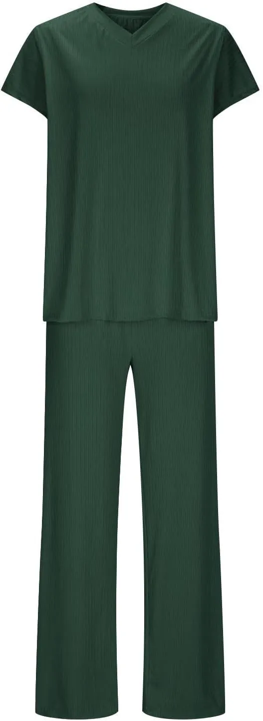 Lounge Sets for Women Short Sleeve V Neck Ribbed Knit Tops and Long Pants Soft Comfy Pajamas Set 2 Piece Outfits