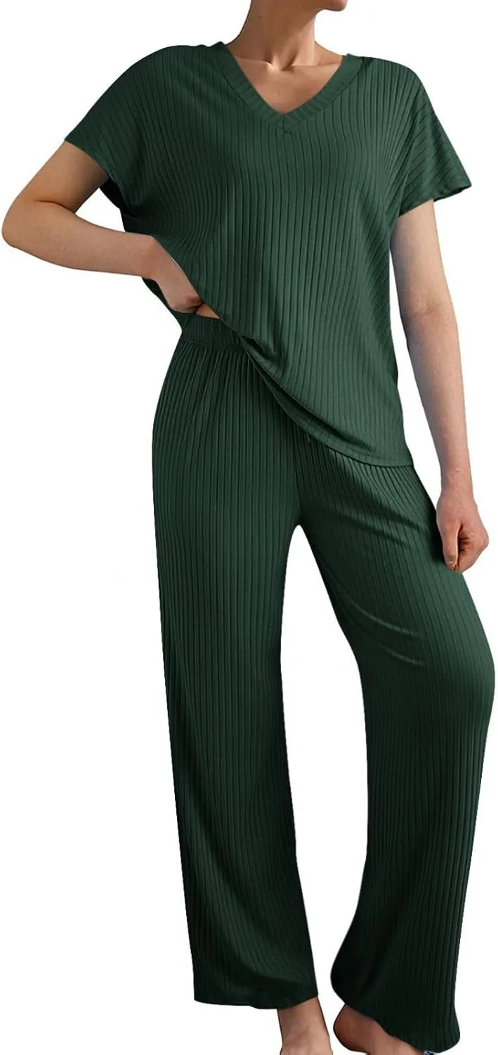 Lounge Sets for Women Short Sleeve V Neck Ribbed Knit Tops and Long Pants Soft Comfy Pajamas Set 2 Piece Outfits