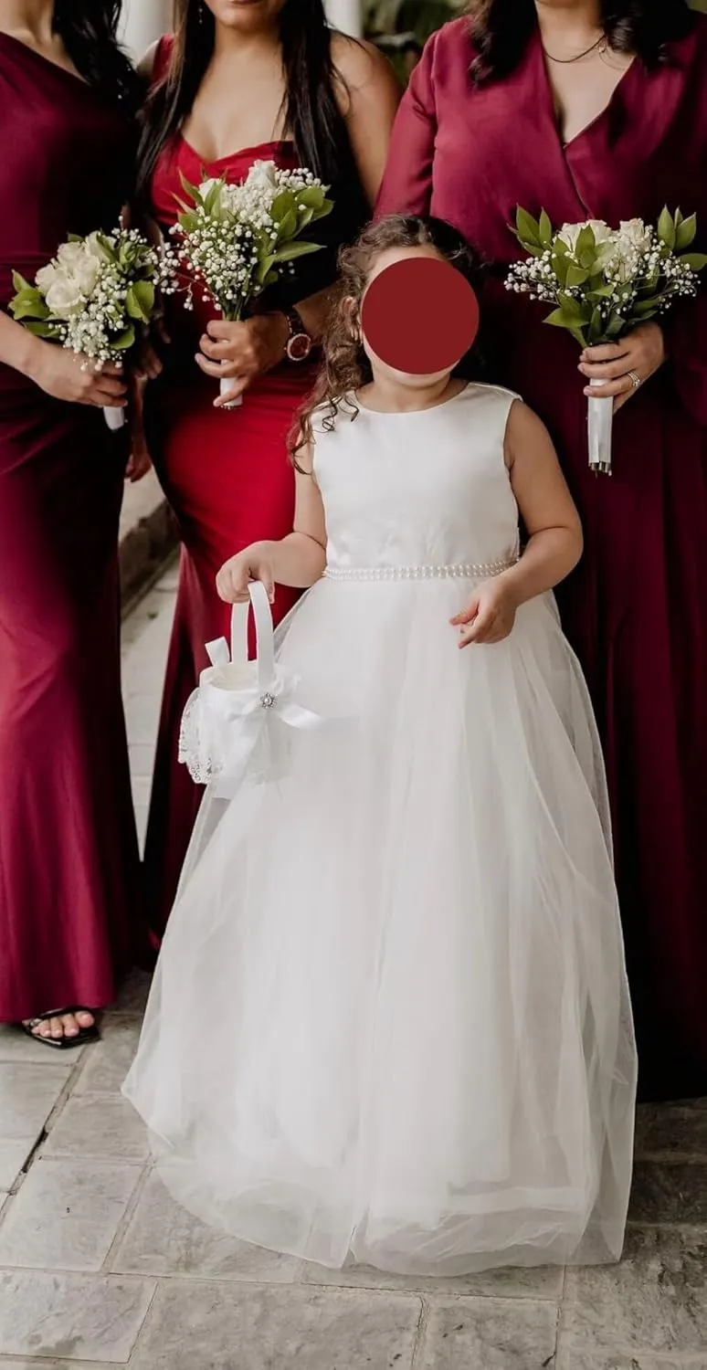 MCieloLuna Flower Girls Satin Tulle Princess Pageant Dress for Wedding Kids Pearls Prom Ball Gowns with Bow-Knot