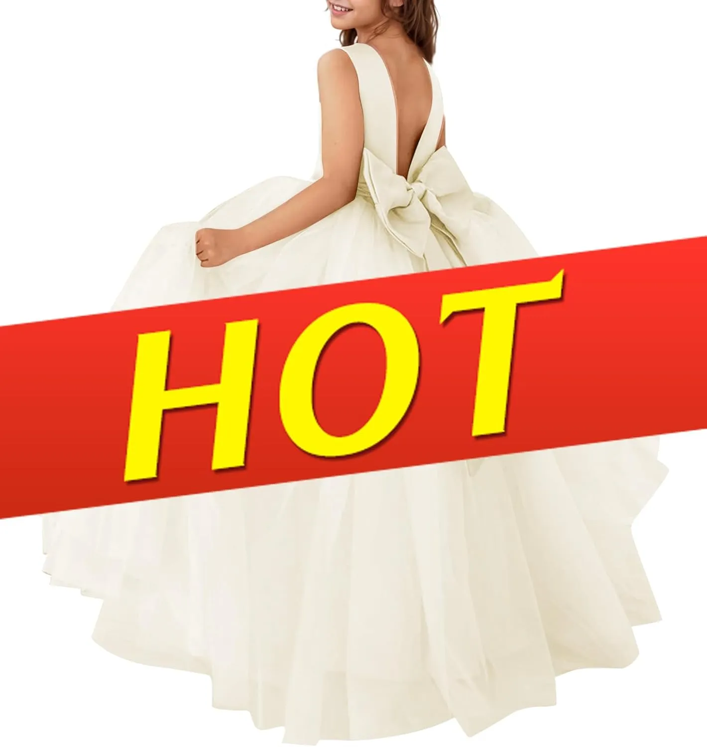 MCieloLuna Flower Girls Satin Tulle Princess Pageant Dress for Wedding Kids Pearls Prom Ball Gowns with Bow-Knot