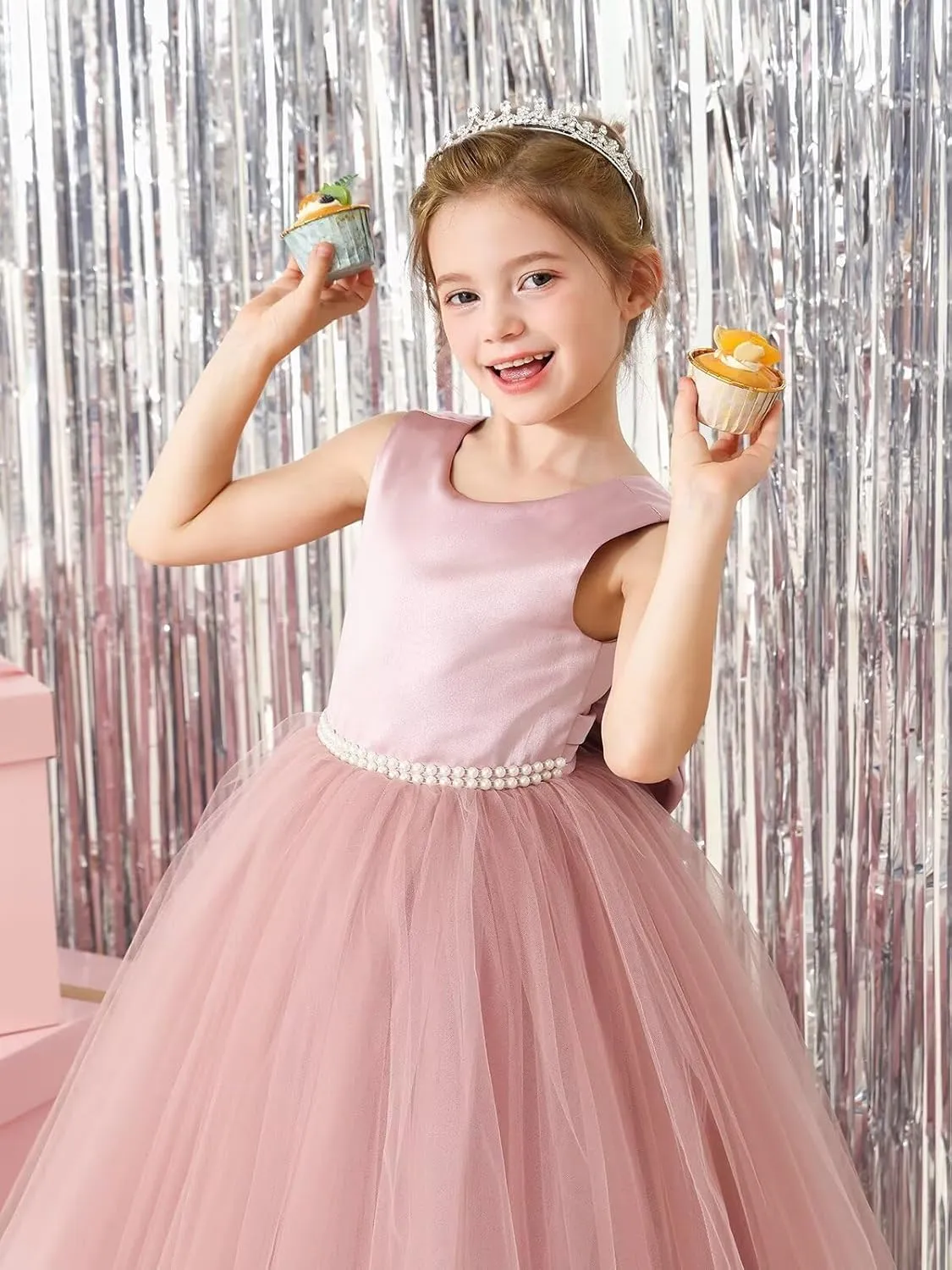 MCieloLuna Flower Girls Satin Tulle Princess Pageant Dress for Wedding Kids Pearls Prom Ball Gowns with Bow-Knot