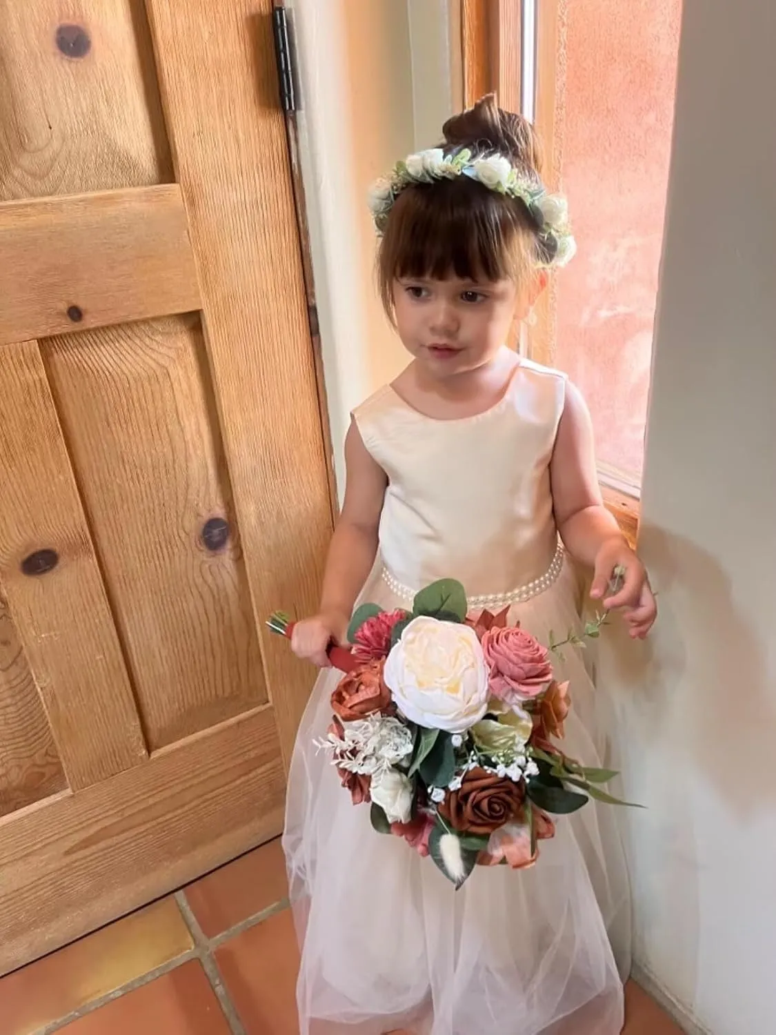 MCieloLuna Flower Girls Satin Tulle Princess Pageant Dress for Wedding Kids Pearls Prom Ball Gowns with Bow-Knot