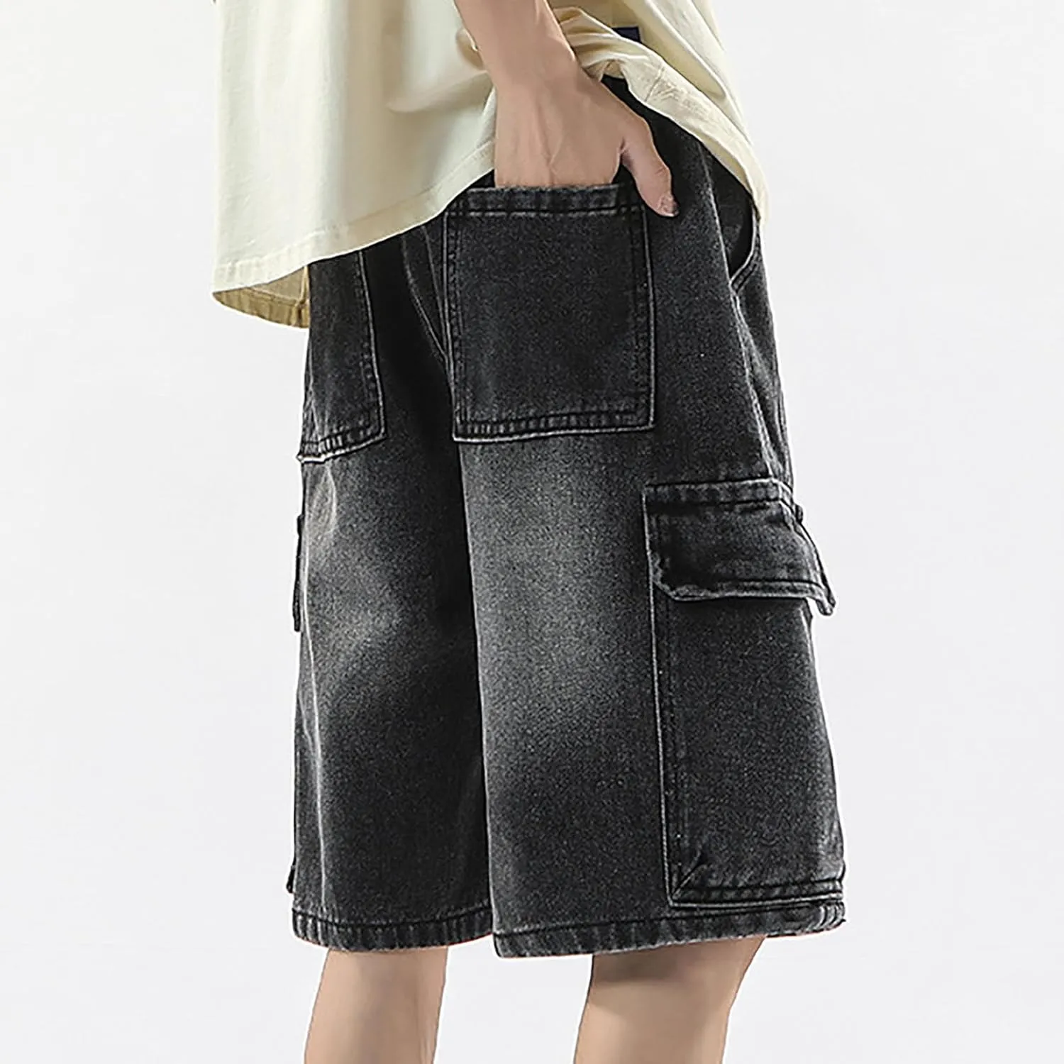 Men Baggy Jean Shorts Loose Fit Mid Denim Shorts Wide Leg Y2K Hip Hop Trendy Outfits