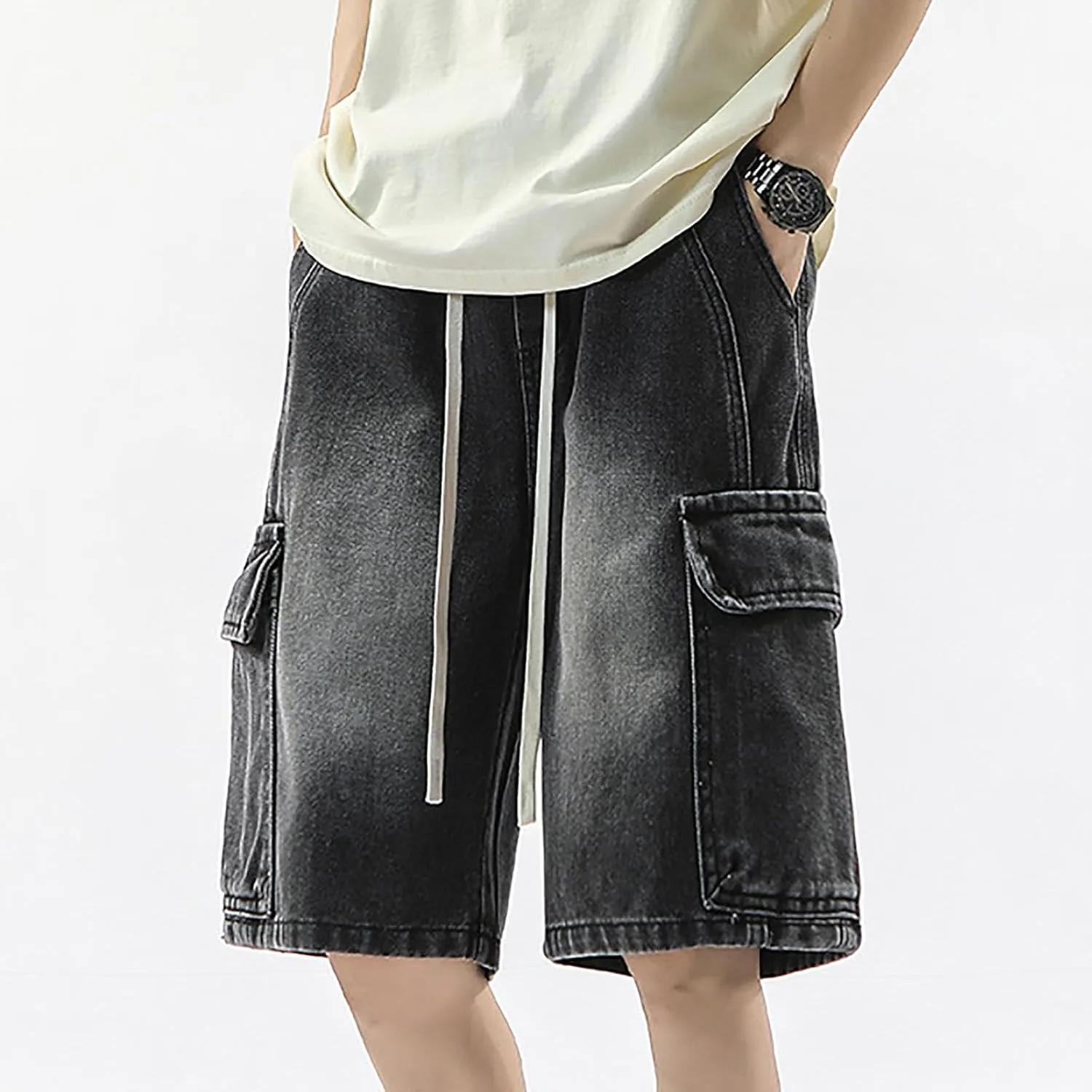 Men Baggy Jean Shorts Loose Fit Mid Denim Shorts Wide Leg Y2K Hip Hop Trendy Outfits