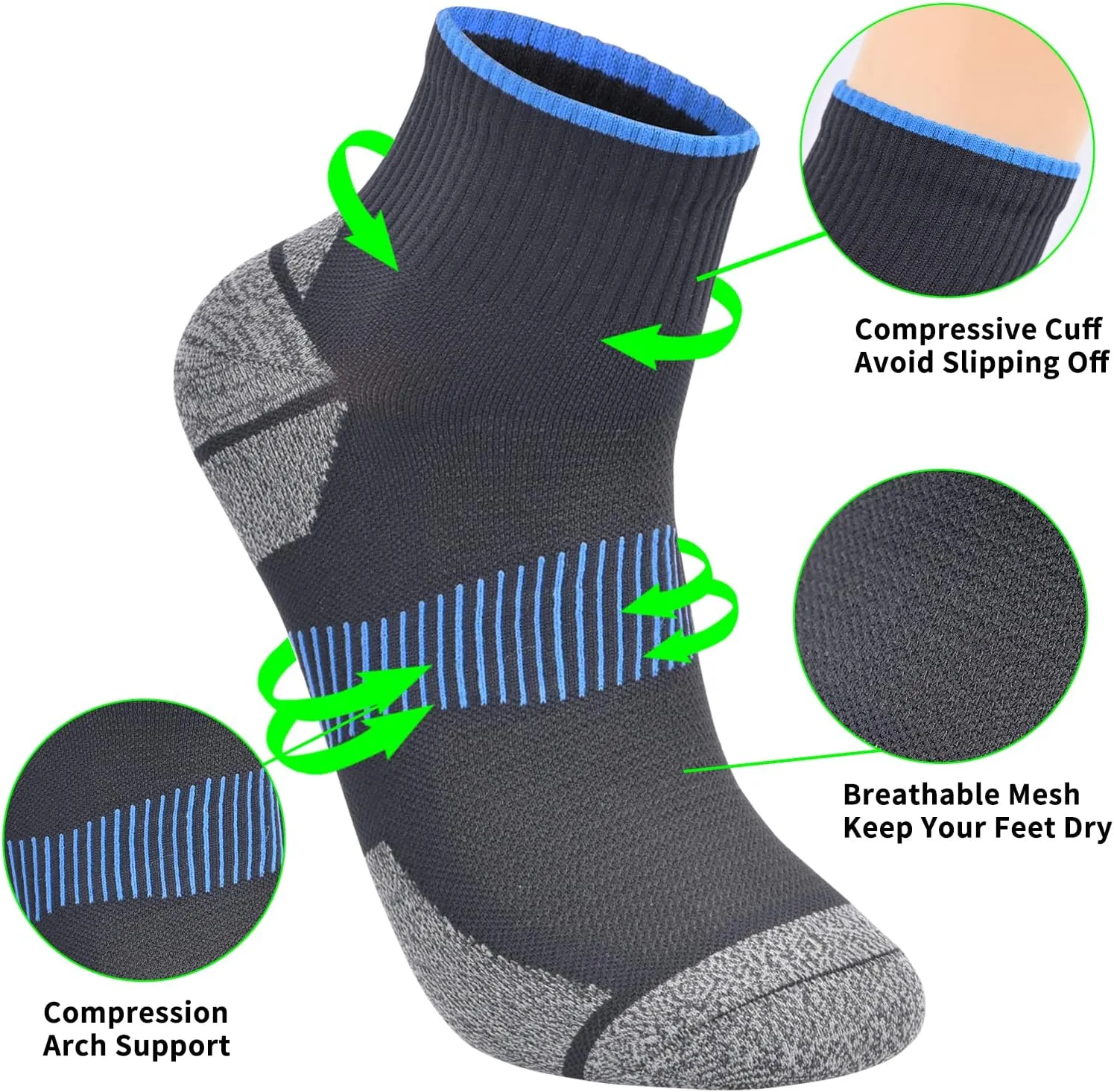 Mens and Womens Anti Odor Blister Resistant Seamless Thin Compression Quarter Crew Athletic Cycling Socks