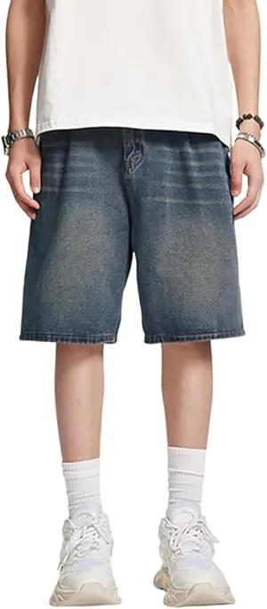 Mens Baggy Denim Jorts Y2K Grunge Loose Hip Hop Jean Shorts Wide Leg Mid Jeans Streetwear with Pockets