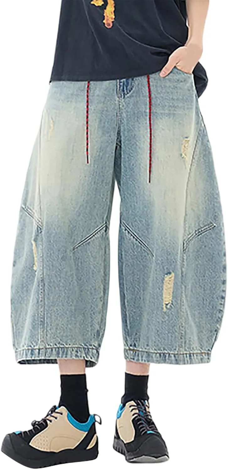 Mens Baggy Denim Jorts Y2K Vintage Loose Fit Hip Hop Jean Shorts Wide Leg Long Jeans Streetwear Clothes