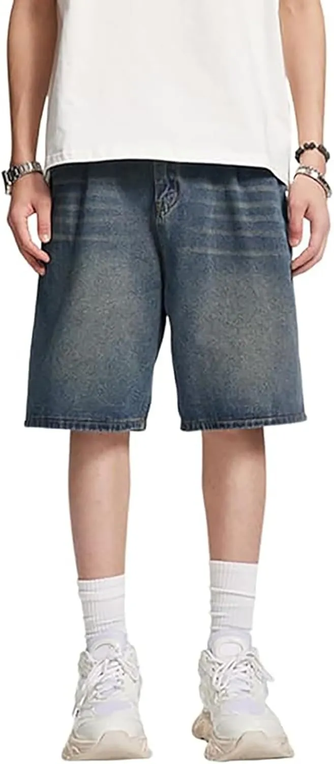 Men's Baggy Jean Shorts Loose Fit Mid Denim Shorts Wide Leg Aesthetic Pants Streetwear