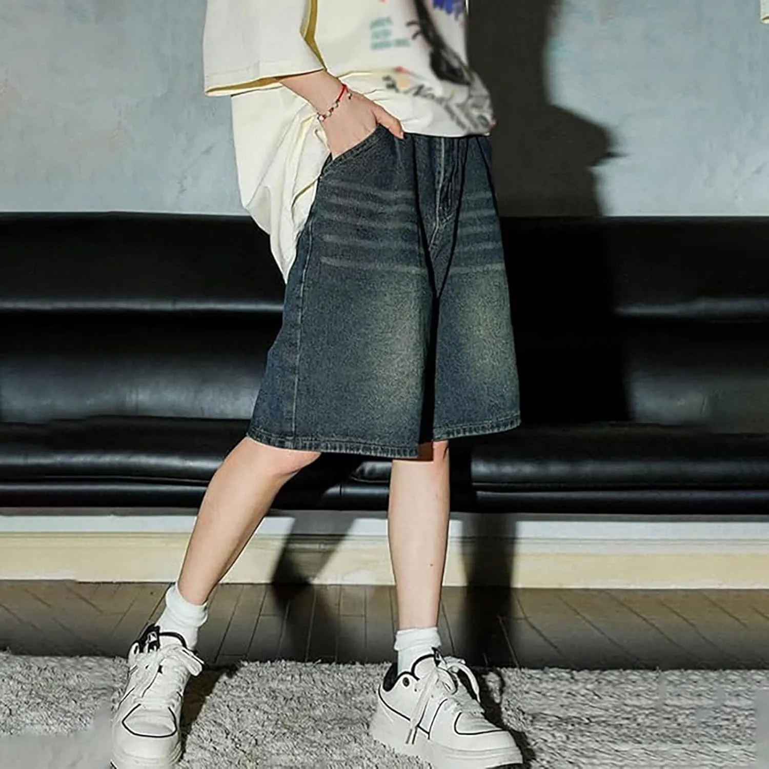 Men's Baggy Jean Shorts Loose Fit Mid Denim Shorts Wide Leg Aesthetic Pants Streetwear