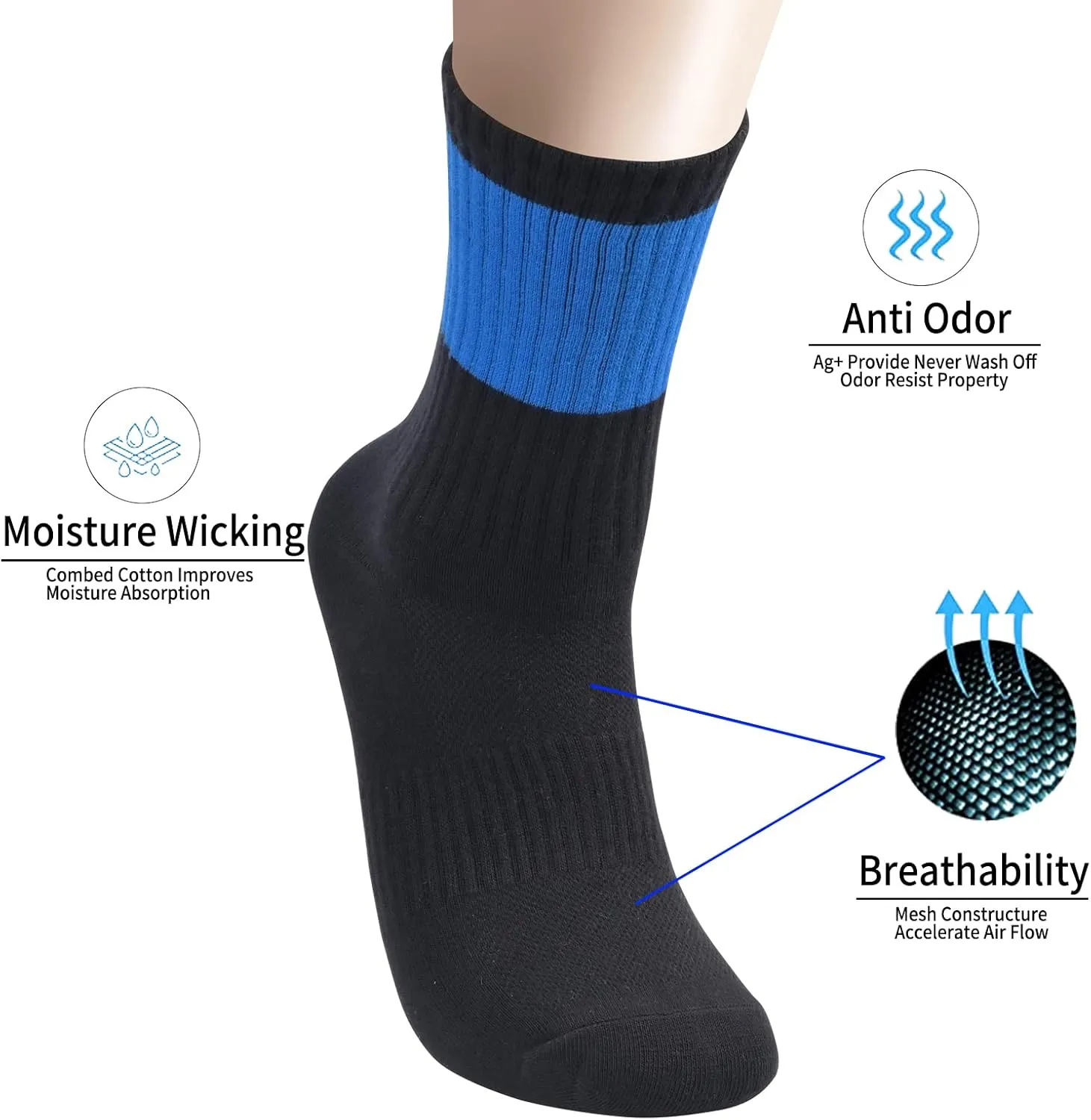 Men's Boy's Anti Odor Stink Resist Breathable Crew Mid Calf Casual Workout Socks