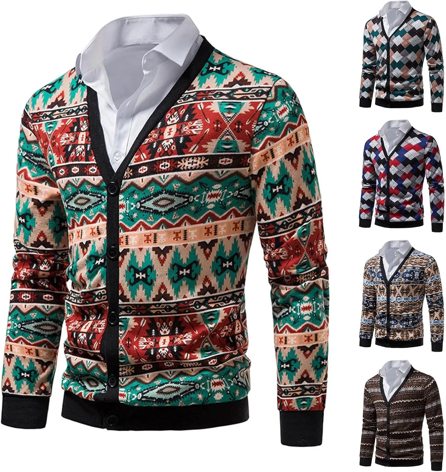 Mens Cardigan Sweaters with Buttons Men's Floral V Neck Open Front Button Down Long Sleeve Knitted Cardigan Sweaters