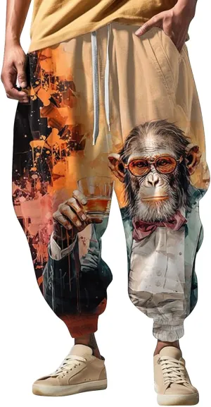 Mens Casual Joggers Pants Men's Autumn Fun Print Fashion Street Feel Baggy Hippie Elastic Waist Drop Crotch Trousers