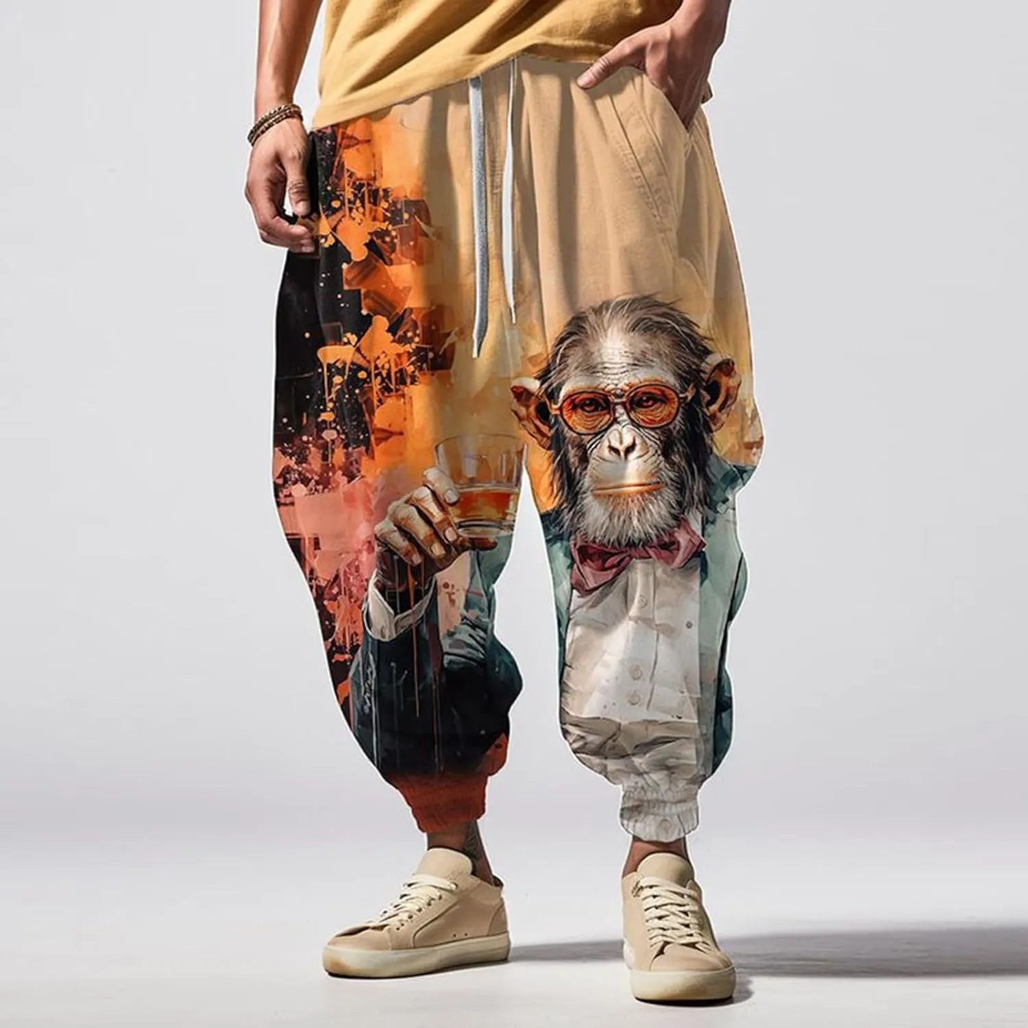 Mens Casual Joggers Pants Men's Autumn Fun Print Fashion Street Feel Baggy Hippie Elastic Waist Drop Crotch Trousers