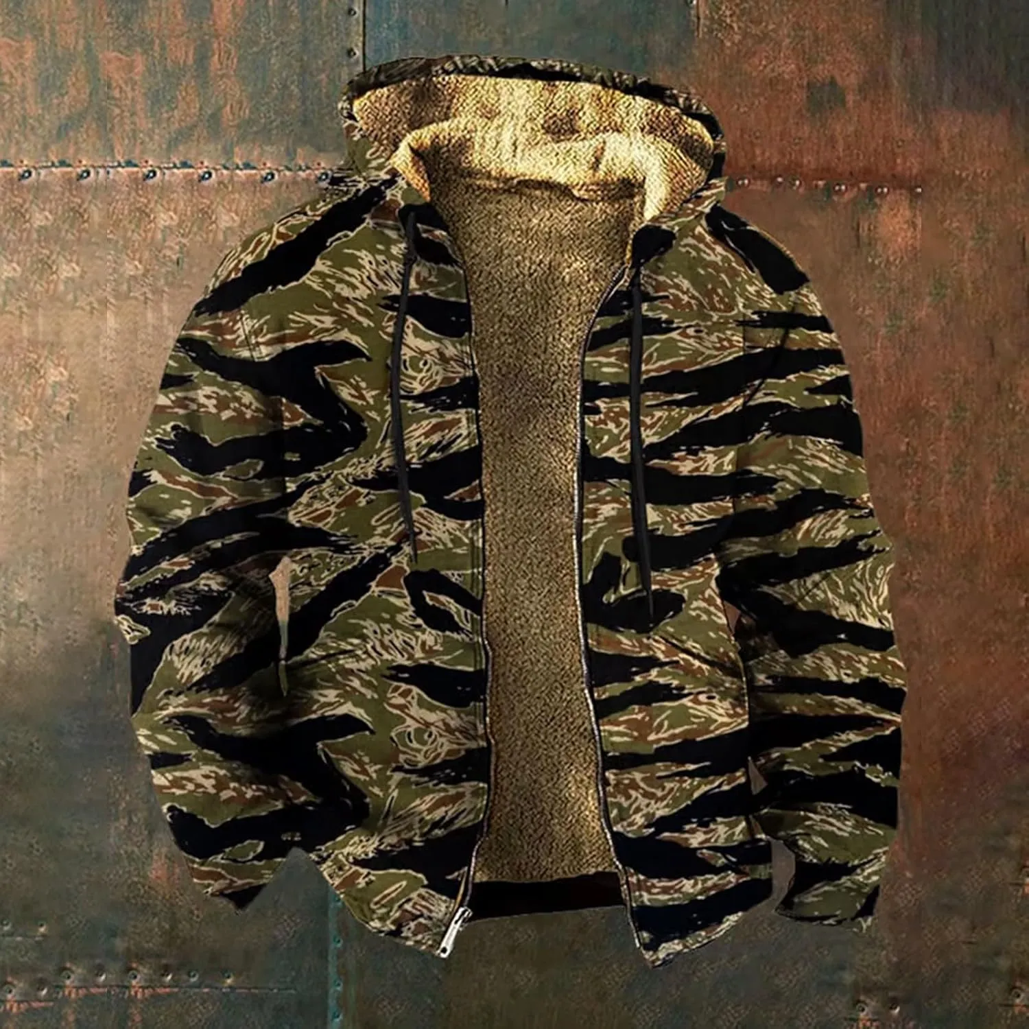 Men's Full Zip Up Fleece Flannel Jackets Camo Camouflage Hoodies Warm Sweater Coat Hunting Performance Sweatshirt
