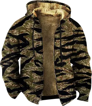 Men's Full Zip Up Fleece Flannel Jackets Camo Camouflage Hoodies Warm Sweater Coat Hunting Performance Sweatshirt