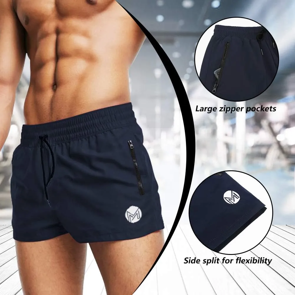Men's Gym Workout Shorts, 3" Bodybuilding Running Shorts, 3 inch Athletic Gym Shorts with Zipper Pockets