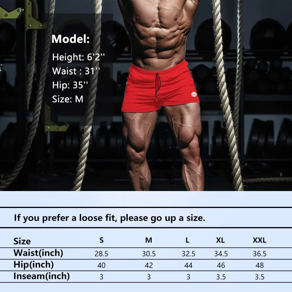 Men's Gym Workout Shorts, 3" Bodybuilding Running Shorts, 3 inch Athletic Gym Shorts with Zipper Pockets
