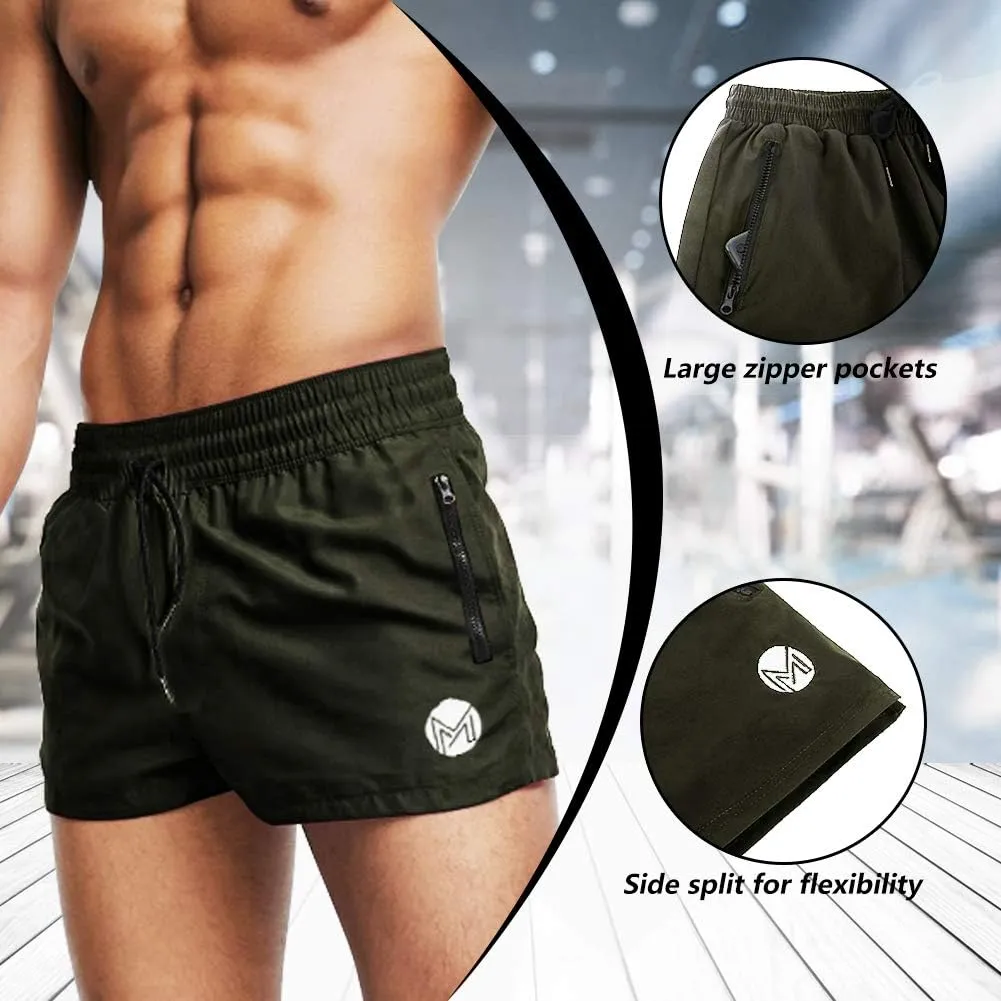 Men's Gym Workout Shorts, 3" Bodybuilding Running Shorts, 3 inch Athletic Gym Shorts with Zipper Pockets