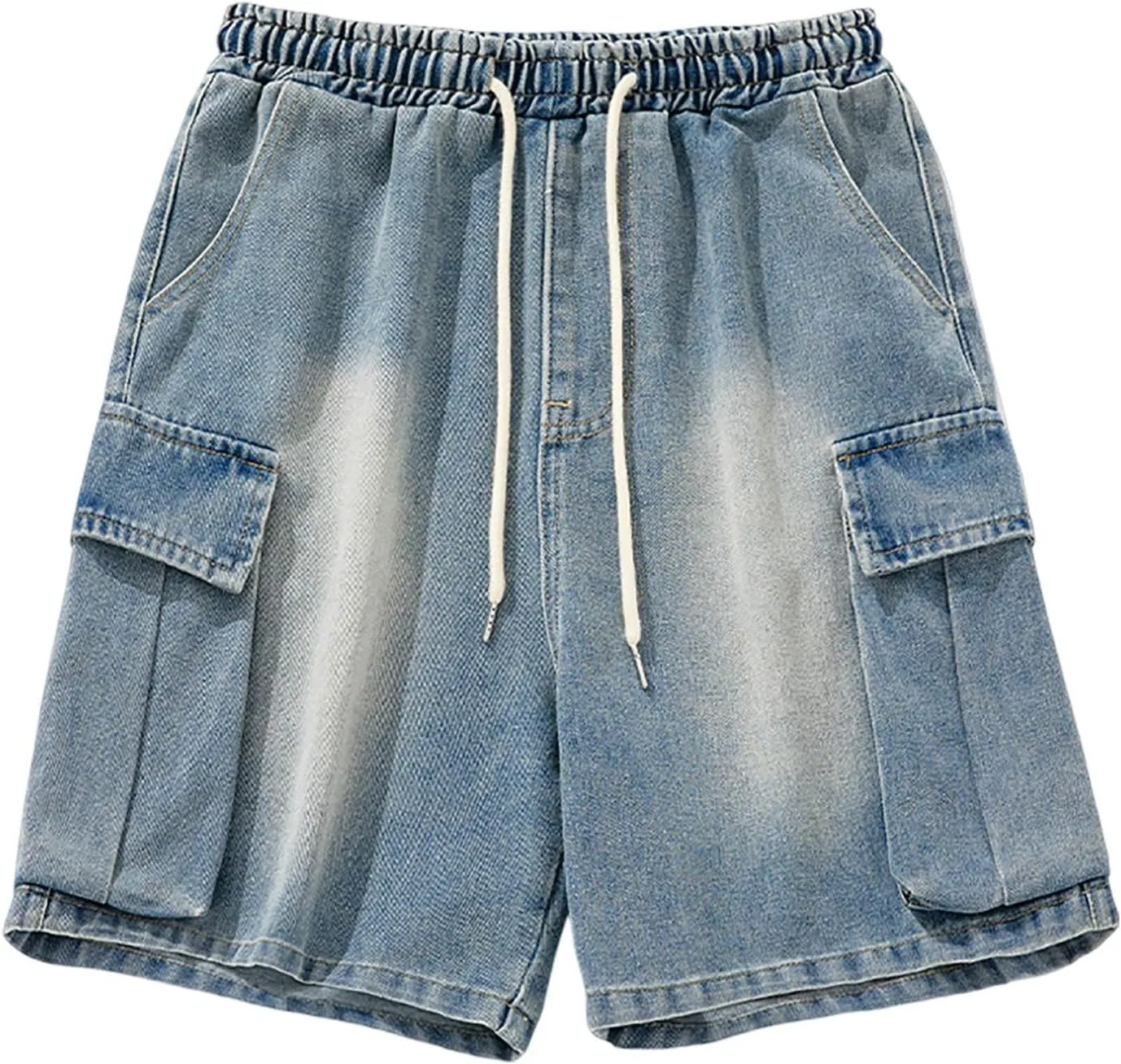 Mens Loose Hip Hop Mid Jean Shorts Baggy Denim Shorts with Pockets Summer Casual Streetwear Clothes