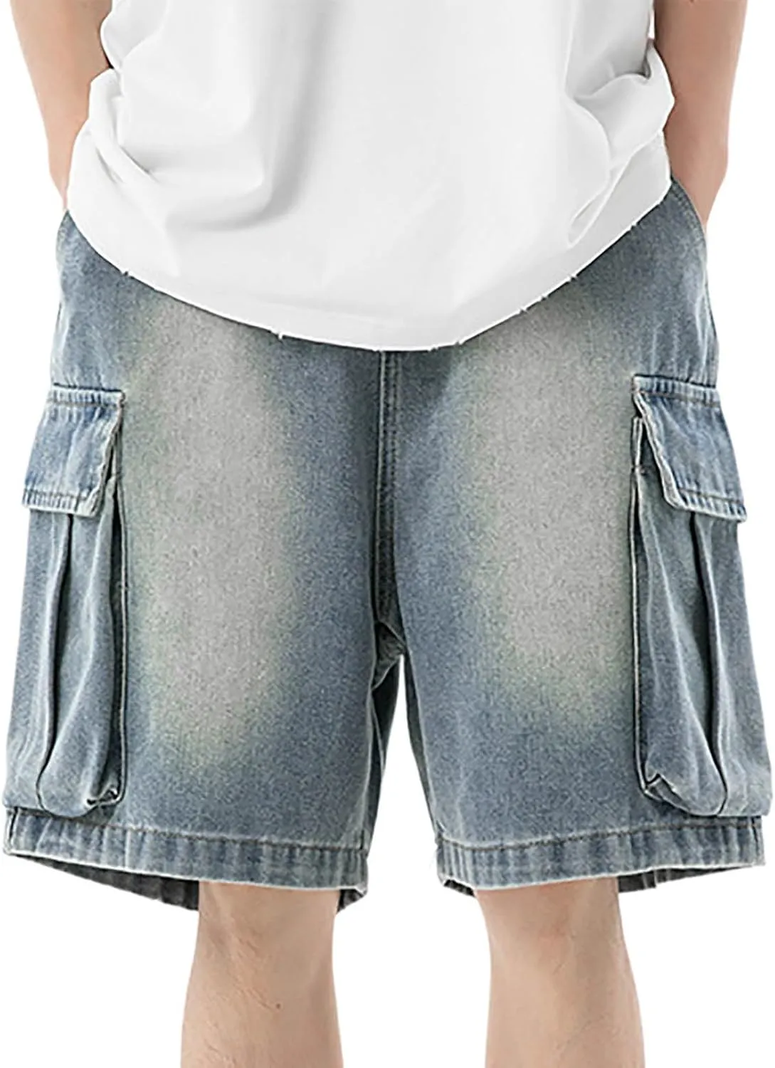 Mens Loose Hip Hop Mid Jean Shorts Baggy Denim Shorts with Pockets Summer Casual Streetwear Clothes