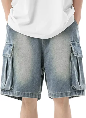 Mens Loose Hip Hop Mid Jean Shorts Baggy Denim Shorts with Pockets Summer Casual Streetwear Clothes