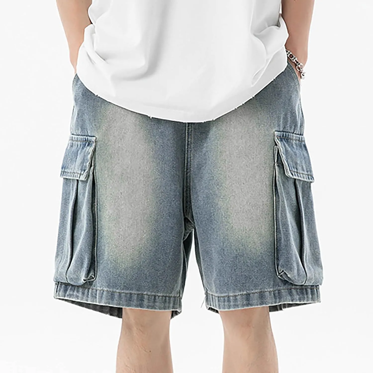 Mens Loose Hip Hop Mid Jean Shorts Baggy Denim Shorts with Pockets Summer Casual Streetwear Clothes