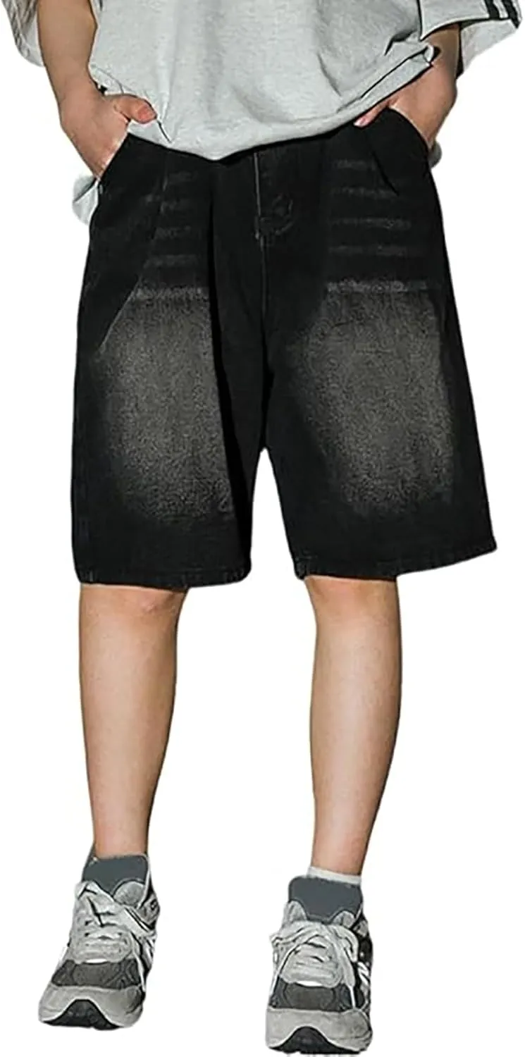 Men's Loose Y2K Hip Hop Mid Jean Shorts Work Denim Shorts with Pockets Casual Summer Streetwear Clothes