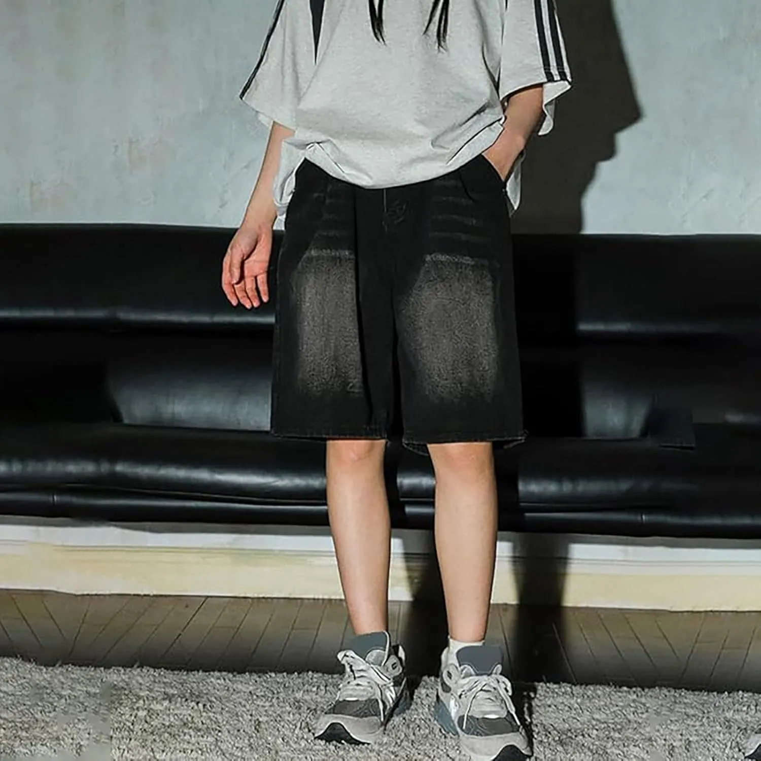 Men's Loose Y2K Hip Hop Mid Jean Shorts Work Denim Shorts with Pockets Casual Summer Streetwear Clothes