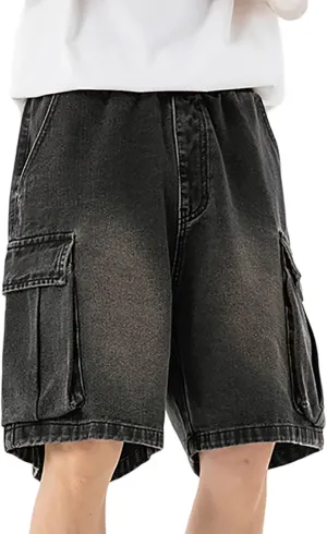 Mens Wide Leg Hip Hop Cropped Jean Shorts Baggy Denim Shorts with Pockets Aesthetic Pants Streetwear Clothes