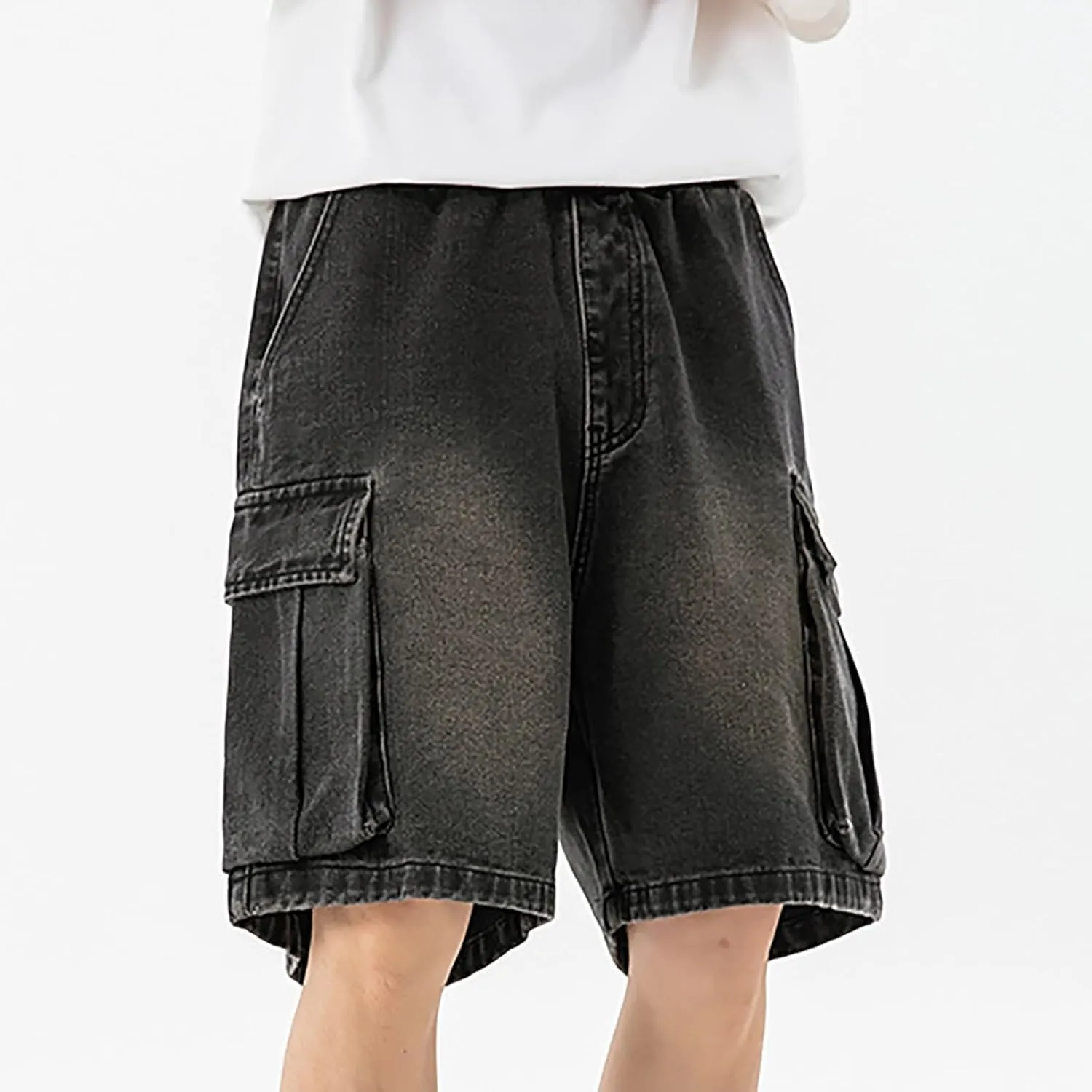 Mens Wide Leg Hip Hop Cropped Jean Shorts Baggy Denim Shorts with Pockets Aesthetic Pants Streetwear Clothes