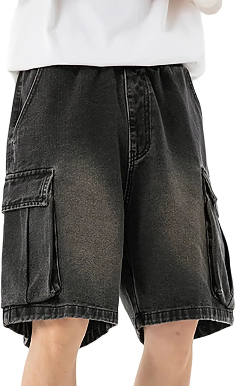 Mens Wide Leg Hip Hop Cropped Jean Shorts Baggy Denim Shorts with Pockets Aesthetic Pants Streetwear Clothes