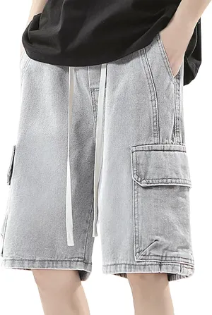 Mens Y2K Grunge Baggy Jean Shorts Wide Leg Hip Hop Skateboard Pants Loose Denim Shorts with Pockets Streetwear