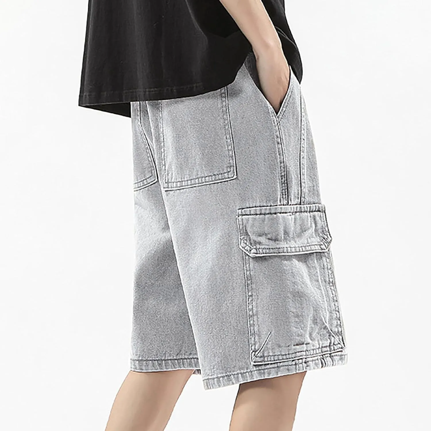 Mens Y2K Grunge Baggy Jean Shorts Wide Leg Hip Hop Skateboard Pants Loose Denim Shorts with Pockets Streetwear