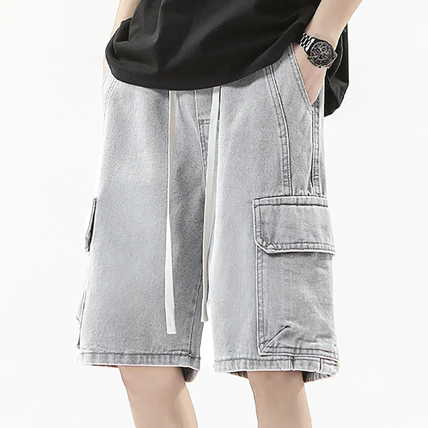 Mens Y2K Grunge Baggy Jean Shorts Wide Leg Hip Hop Skateboard Pants Loose Denim Shorts with Pockets Streetwear