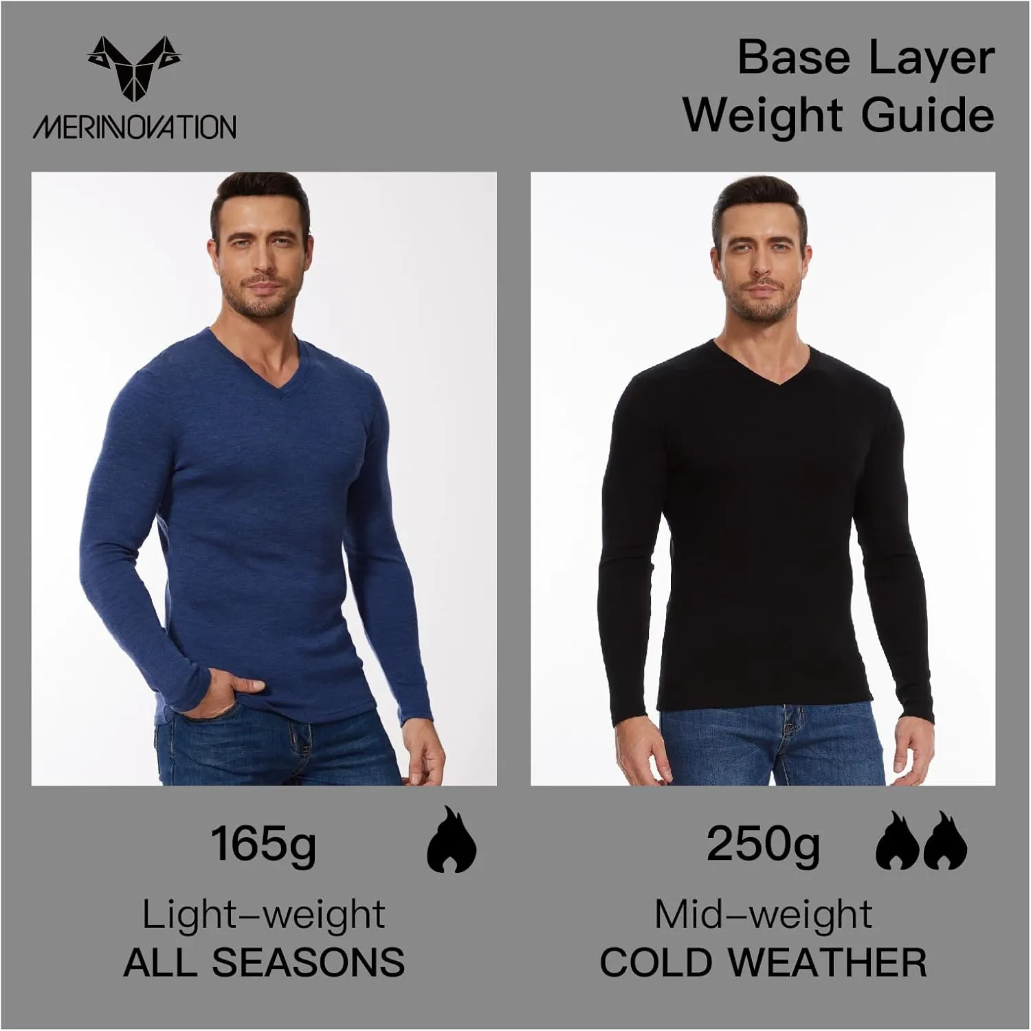 MERINNOVATION Merino Wool Base Layer Mens 100% Merino LS Thermal Shirts for Hiking Hunting,Lite, Midweight