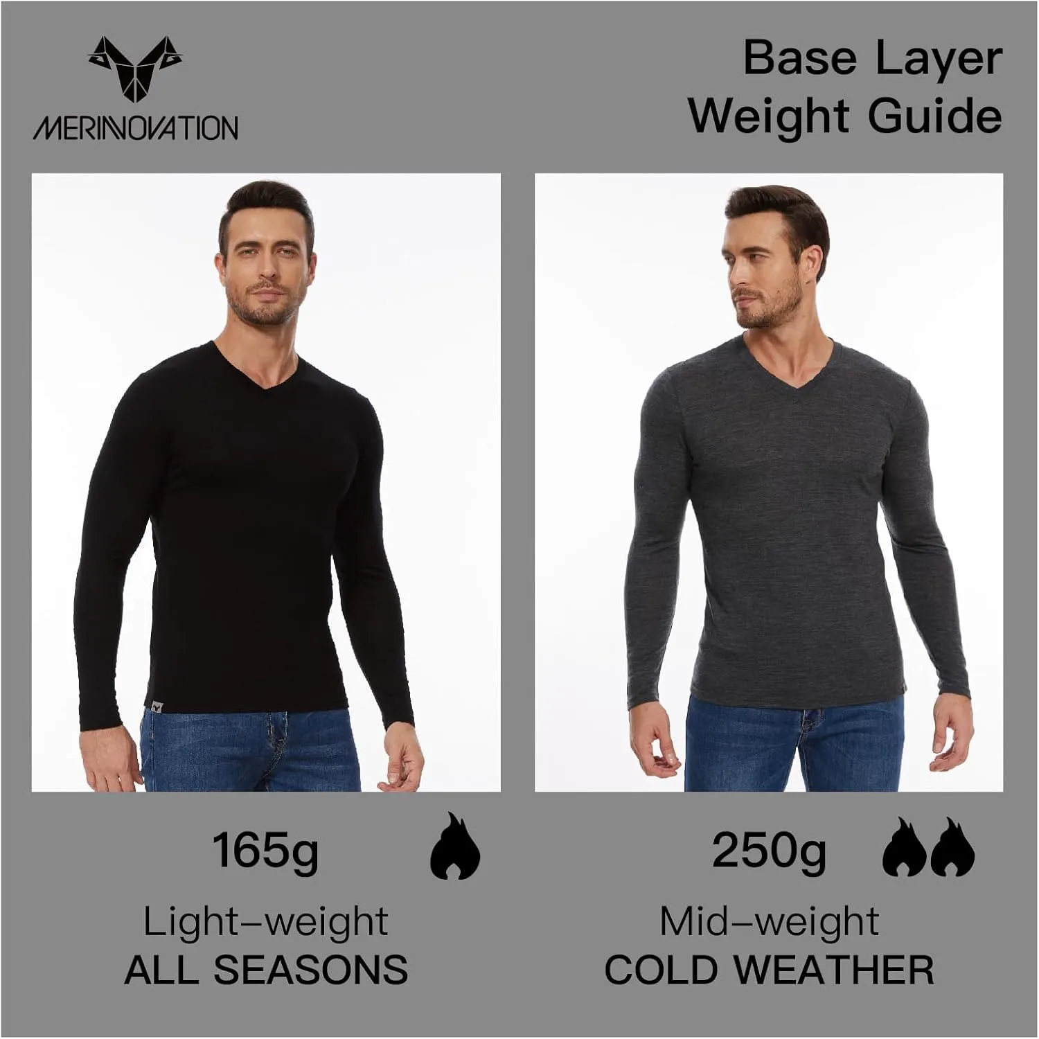 MERINNOVATION Merino Wool Base Layer Mens 100% Merino LS Thermal Shirts for Hiking Hunting,Lite, Midweight