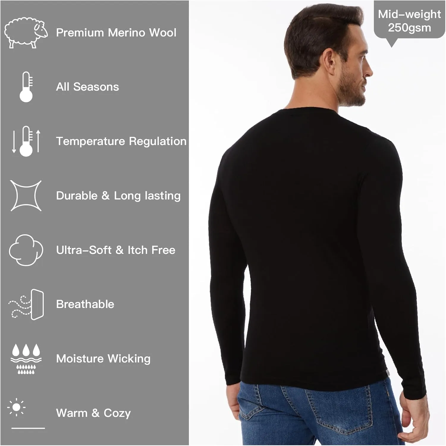 MERINNOVATION Merino Wool Base Layer Mens 100% Merino LS Thermal Shirts for Hiking Hunting,Lite, Midweight