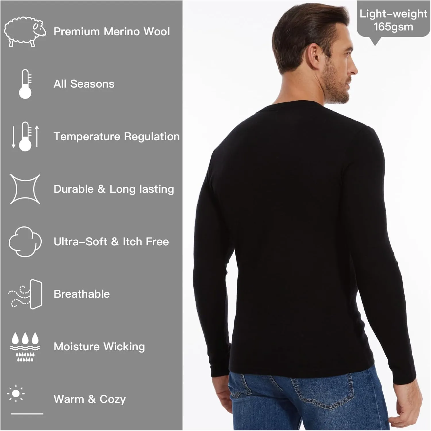 MERINNOVATION Merino Wool Base Layer Mens 100% Merino LS Thermal Shirts for Hiking Hunting,Lite, Midweight