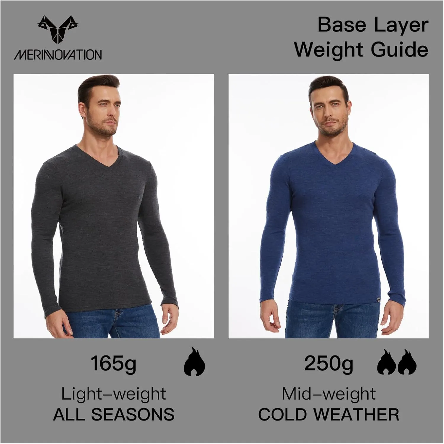 MERINNOVATION Merino Wool Base Layer Mens 100% Merino LS Thermal Shirts for Hiking Hunting,Lite, Midweight