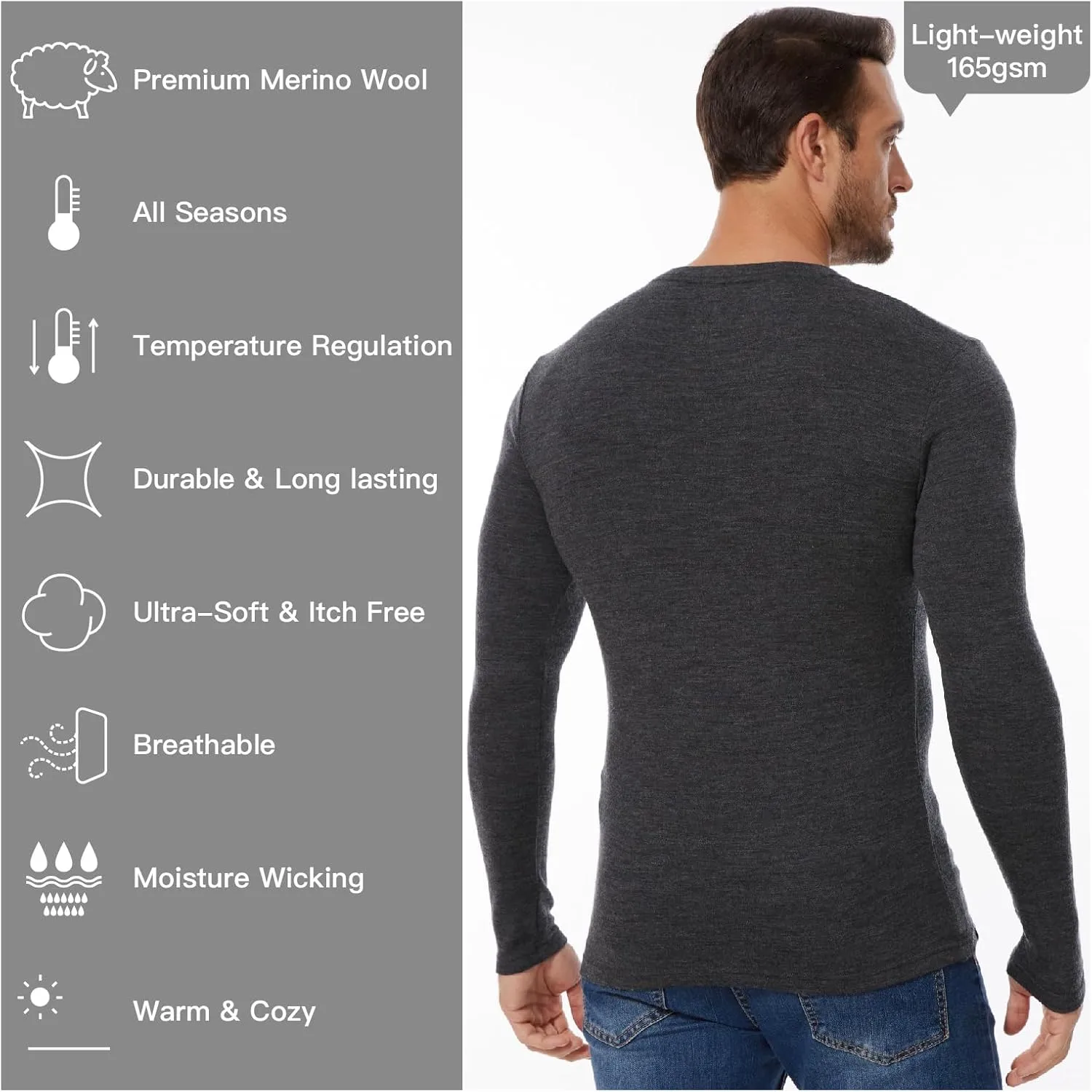 MERINNOVATION Merino Wool Base Layer Mens 100% Merino LS Thermal Shirts for Hiking Hunting,Lite, Midweight