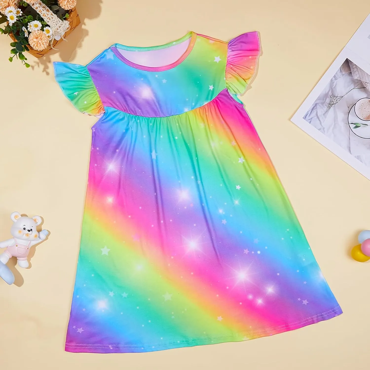 MHJY Girls Nightgowns Flutter Short Sleeves Princess Nightgown Sleepwear Soft Night Dress for Kids Toddler Girls