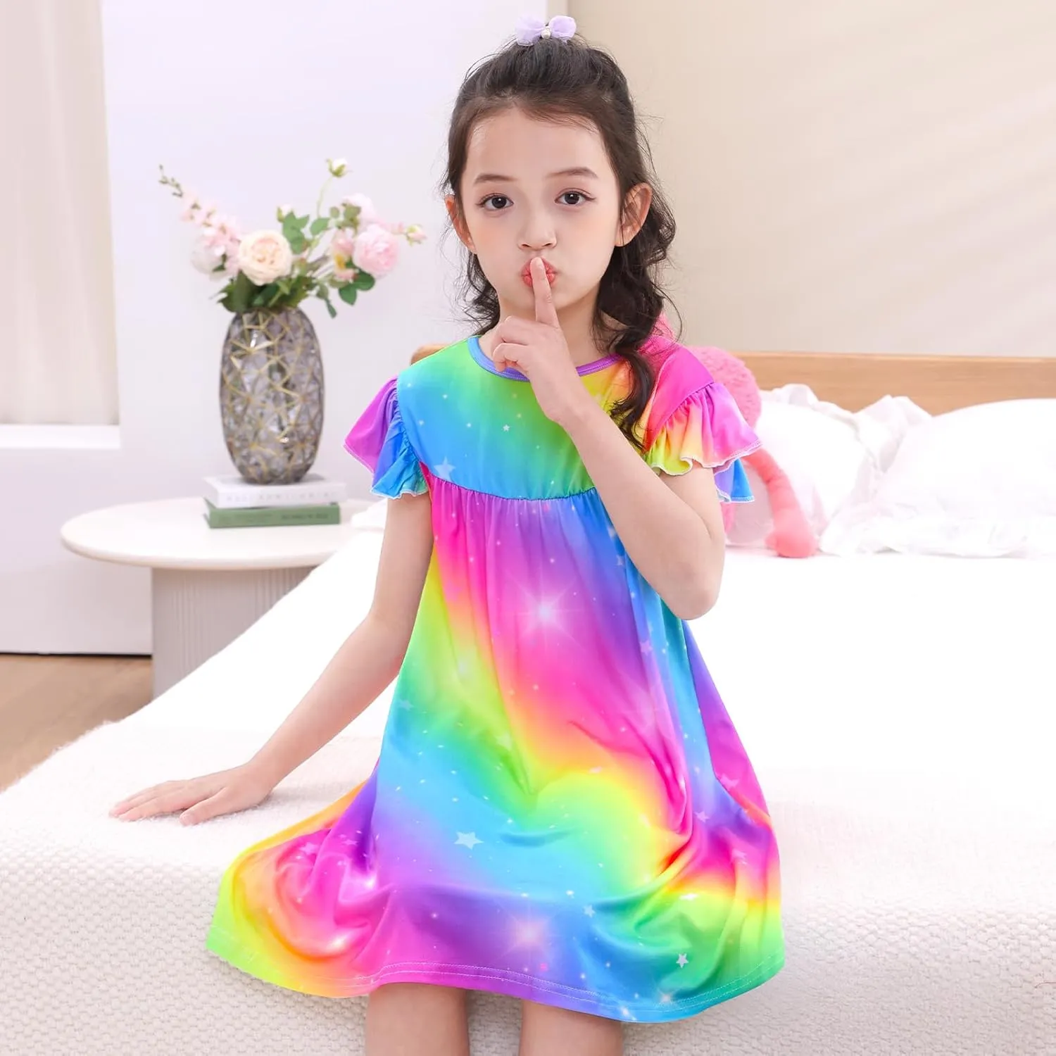 MHJY Girls Nightgowns Flutter Short Sleeves Princess Nightgown Sleepwear Soft Night Dress for Kids Toddler Girls