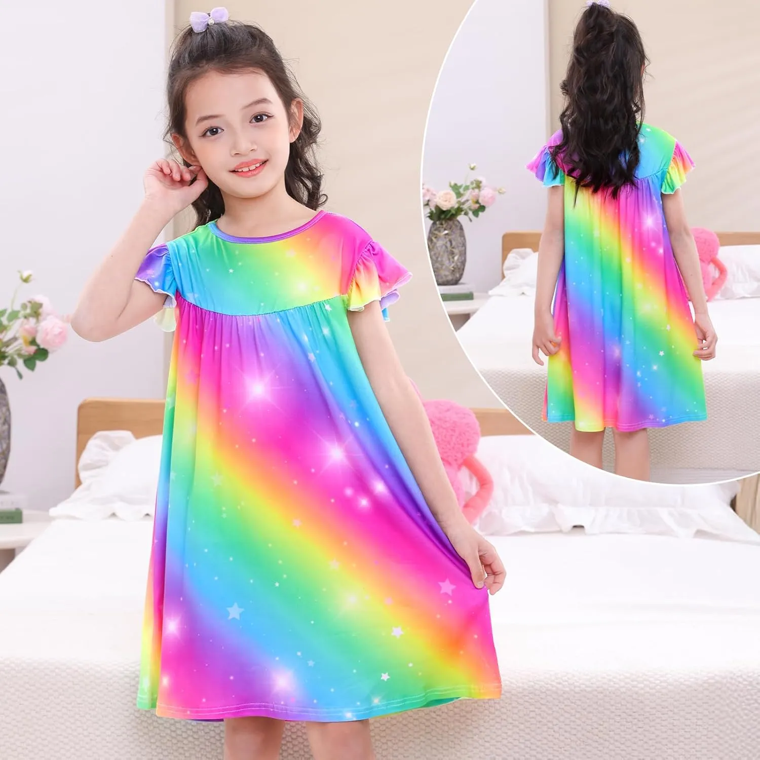 MHJY Girls Nightgowns Flutter Short Sleeves Princess Nightgown Sleepwear Soft Night Dress for Kids Toddler Girls