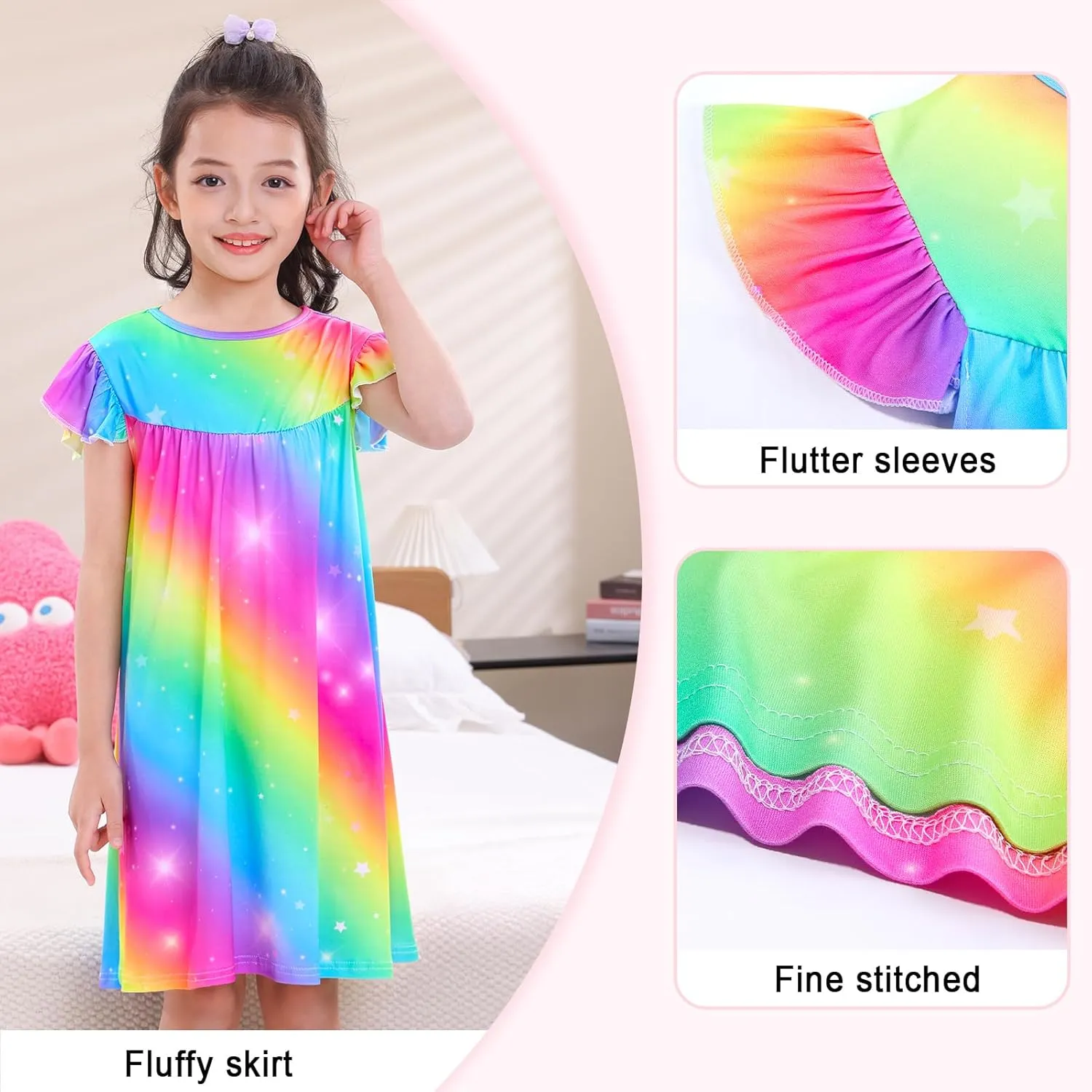 MHJY Girls Nightgowns Flutter Short Sleeves Princess Nightgown Sleepwear Soft Night Dress for Kids Toddler Girls