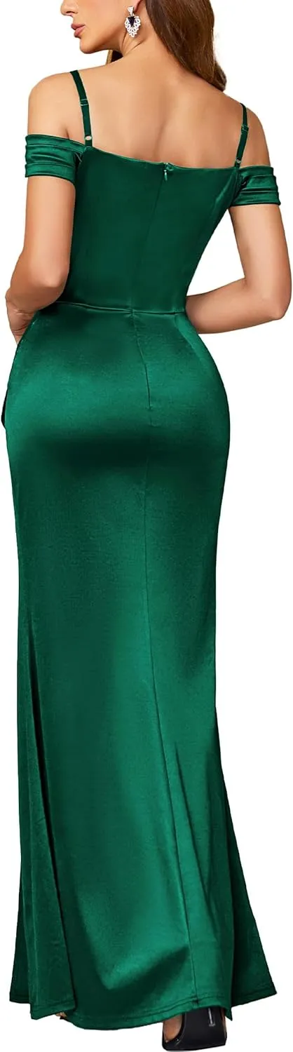 Miusol Women's Sexy Off Shoulder Satin High Split Ruched Style Evening Party Maxi Dress