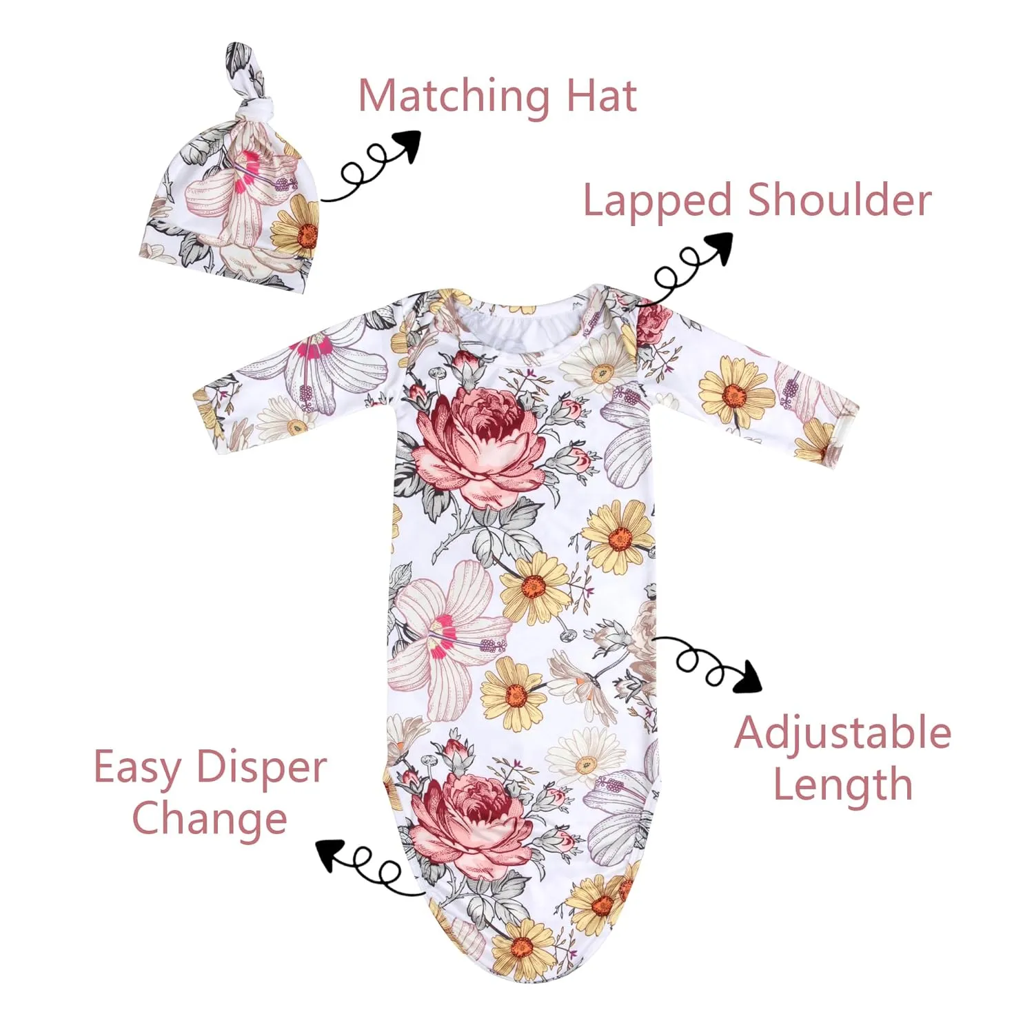 MVUOCR Newborn Baby Girl's Knotted Gowns Floral Baby Sleeper Infant Nightgowns Gift and Soft Coming Home Outfit with Hat