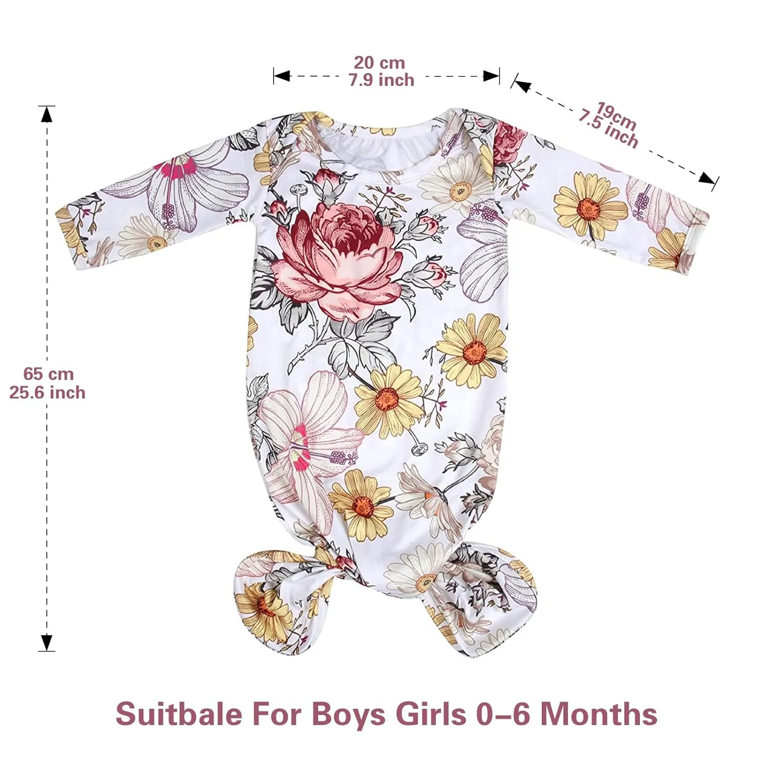 MVUOCR Newborn Baby Girl's Knotted Gowns Floral Baby Sleeper Infant Nightgowns Gift and Soft Coming Home Outfit with Hat